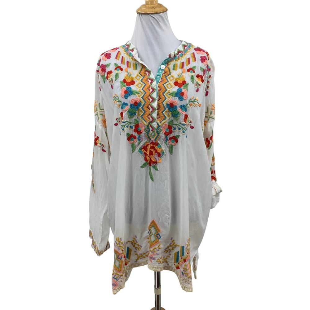Johnny Was Shirt Womens L Large White Cupra Rayon Floral Embroidered Tunic Top